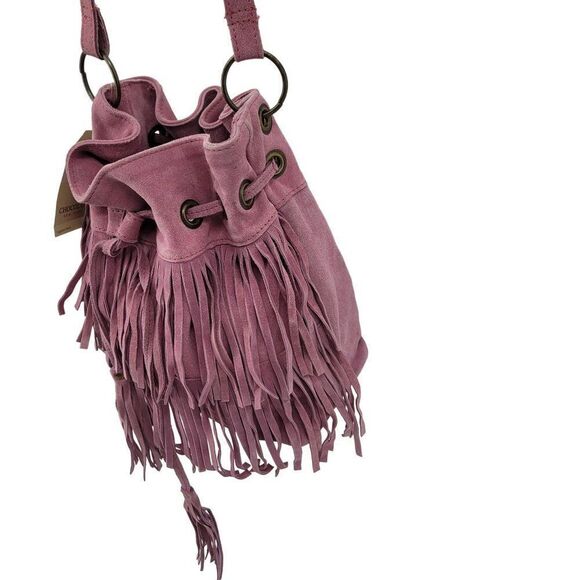 Chocolate New York Crossbody Hobo Bucket Bag Pink Suede Leather Fringe Boho - Picture 8 of 13
